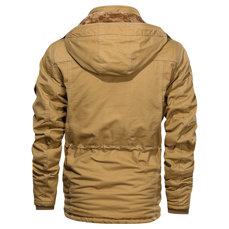 Men's Military-Inspired Canvas Field Jacket with Hood, Drawstring Waist and Fleece Lining Chichicherry