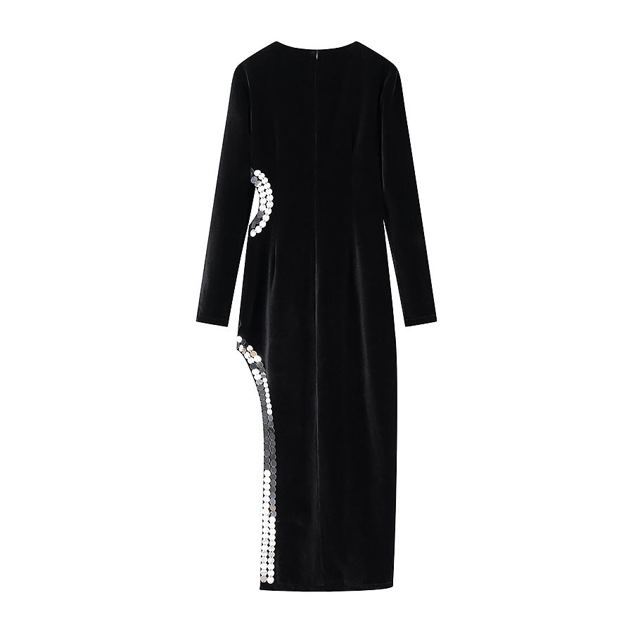 Women's Figure-Hugging Velvet Maxi Dress with Long Sleeves and Side Sequin Detailing Chichicherry