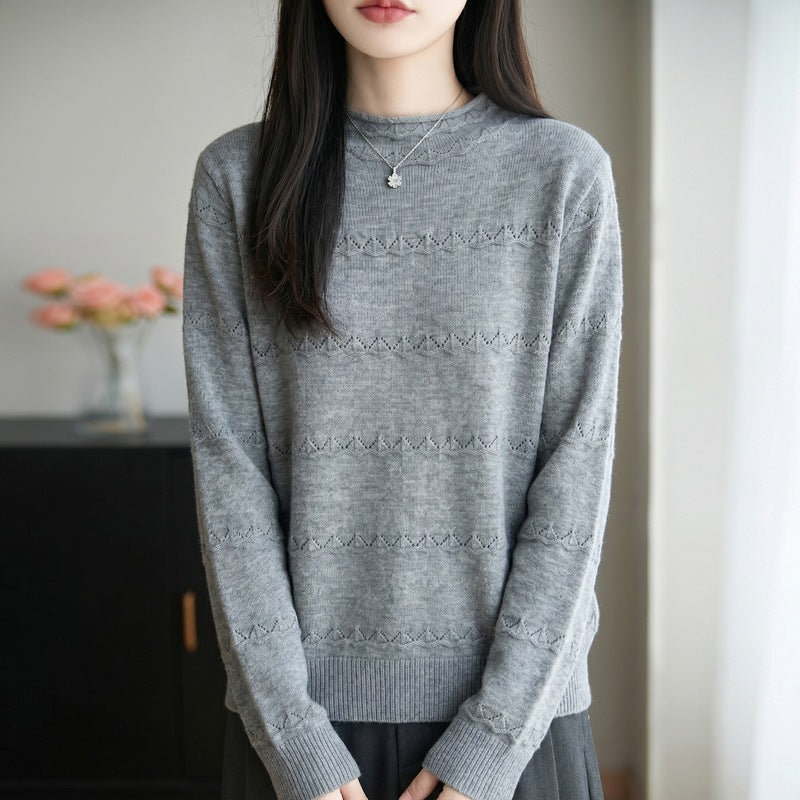 Women's Light Openwork Knit Sweater with Short Standing Collar and Fine Ribbed Hem Chichicherry
