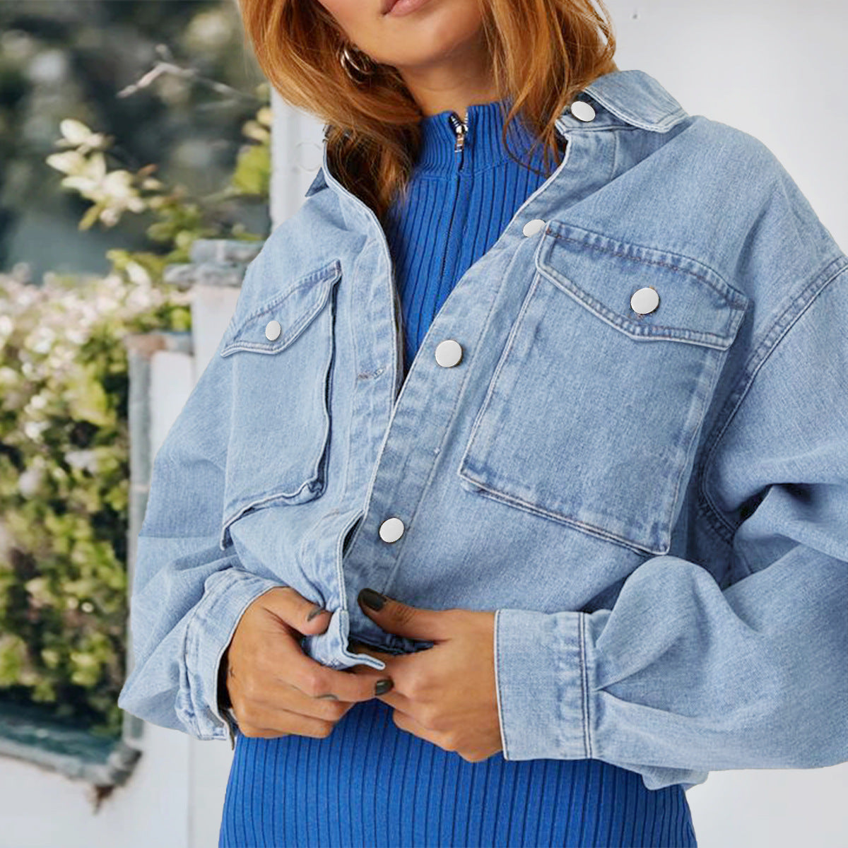 Women's Cropped Oversize Denim Jacket with Snap Button Front and Patch Chest Pockets Chichicherry