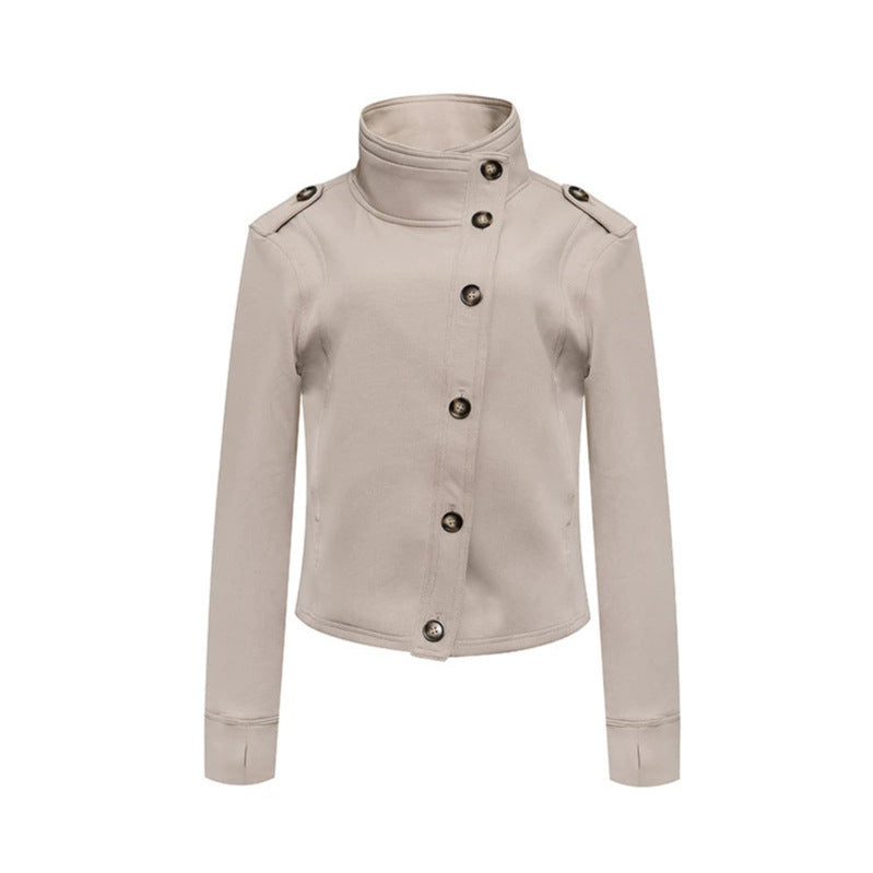 Ladies Short Wool Look Military Jacket with Standing Collar and Asymmetric Button Placket Chichicherry