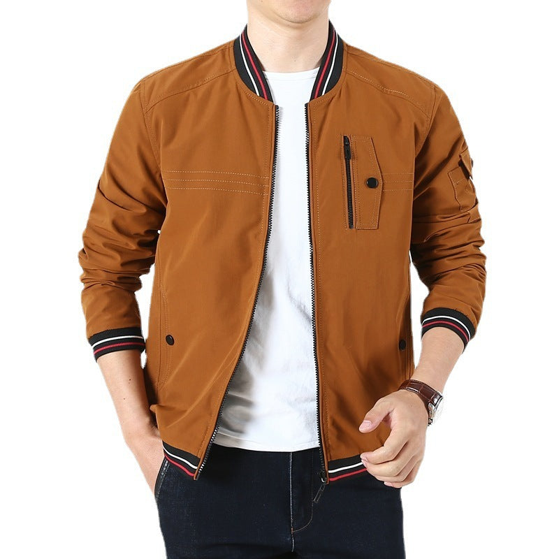 Men's Lightweight Bomber Jacket in Retro Sports Style with Ribbed Collar and Zipper Pocket Detail Chichicherry