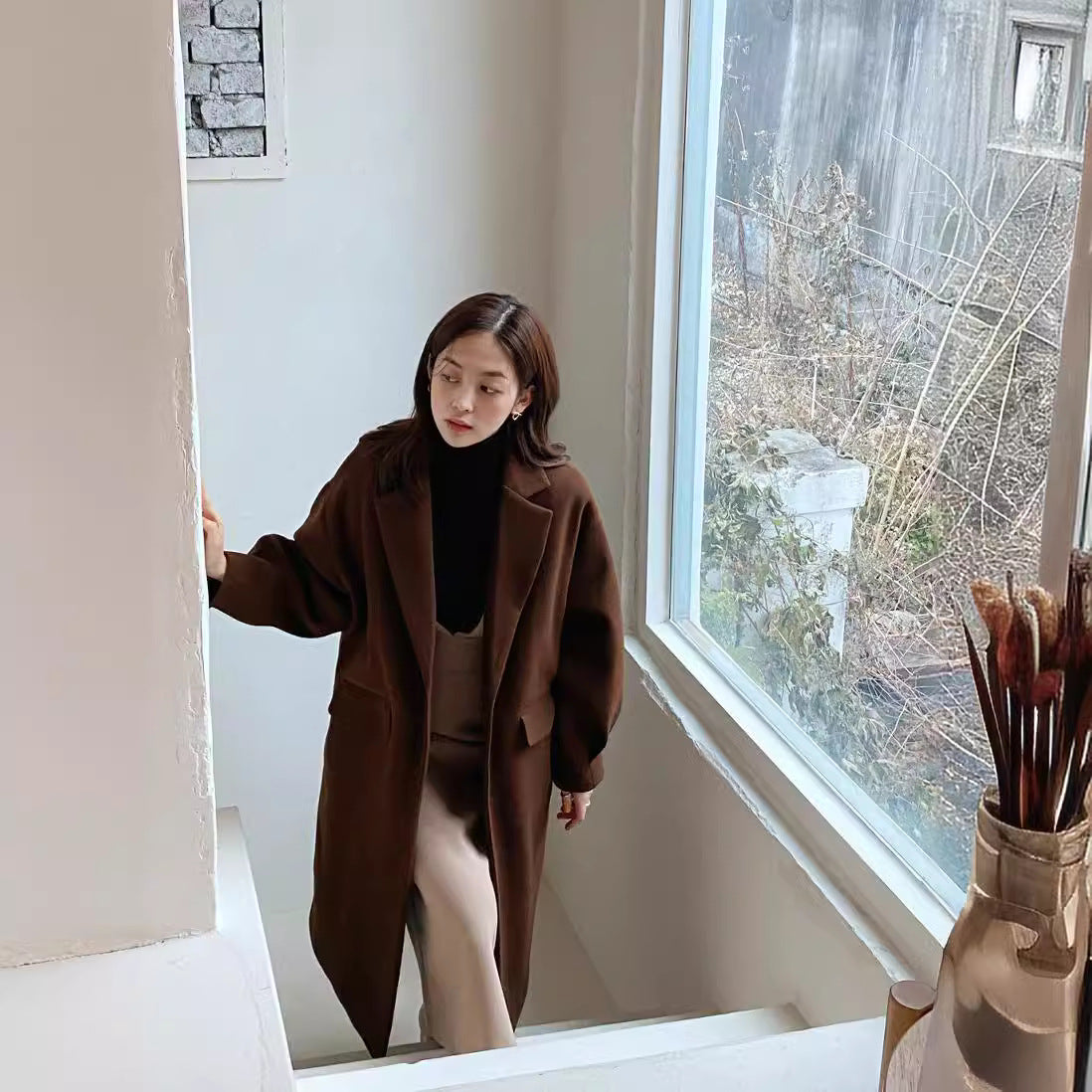 Women Longline Wool Blend Coat with boxy oversized fit and clean lapel Chichicherry