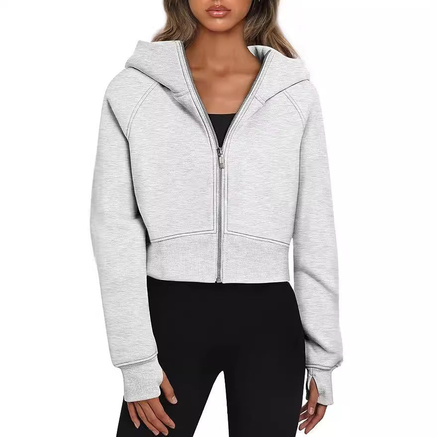 Damen Kurz geschnittener Performance-Kapuzenpullover mit durchgehendem Reißverschluss und Daumenlochbündchen Chichicherry