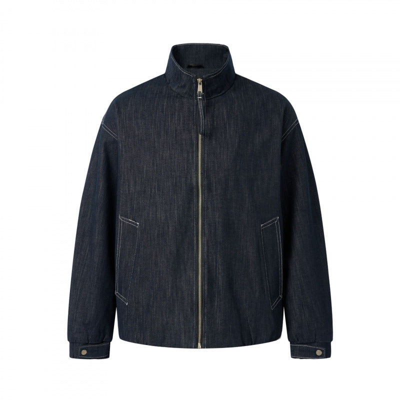 Unisex Boxy Jeans Bomber Jacket with Stand Collar, Zipper and Elastic Hem Chichicherry
