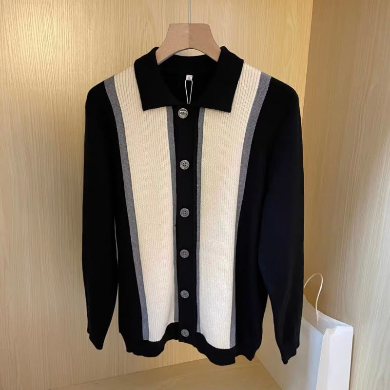 Damen Feinstrick-Cardigan mit Polokragen, kontrastierenden Rippeinsätzen und durchgehender Knopfleiste Chichicherry