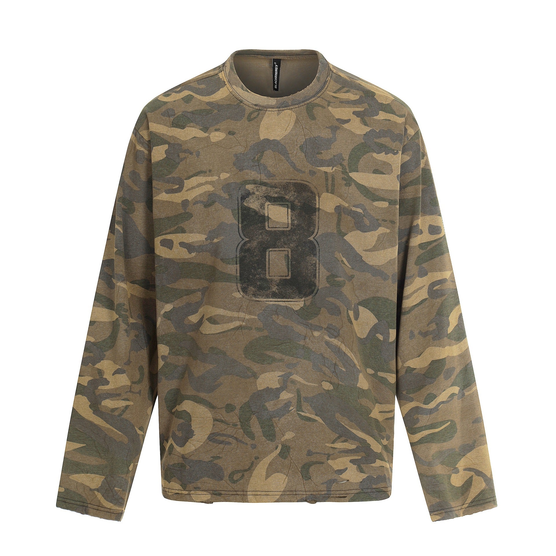 Men's camouflage long sleeve shirt in used look with round neckline and vintage print Chichicherry