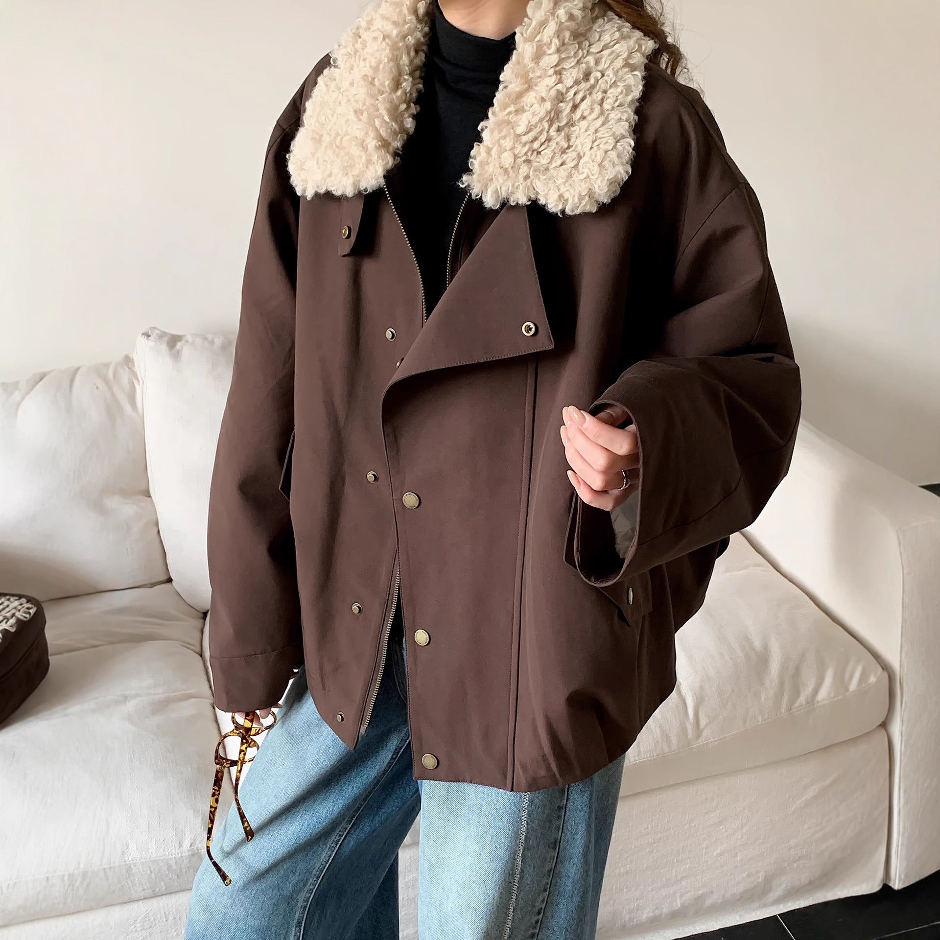 Women Oversize Utility Jacket with High Teddy Collar and Snap Button Placket Chichicherry
