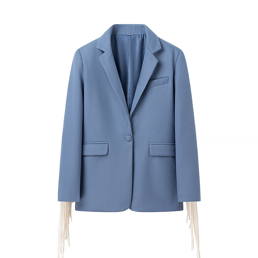 Women Oversize Blazer with Long Fringes and Decorative Seams Chichicherry