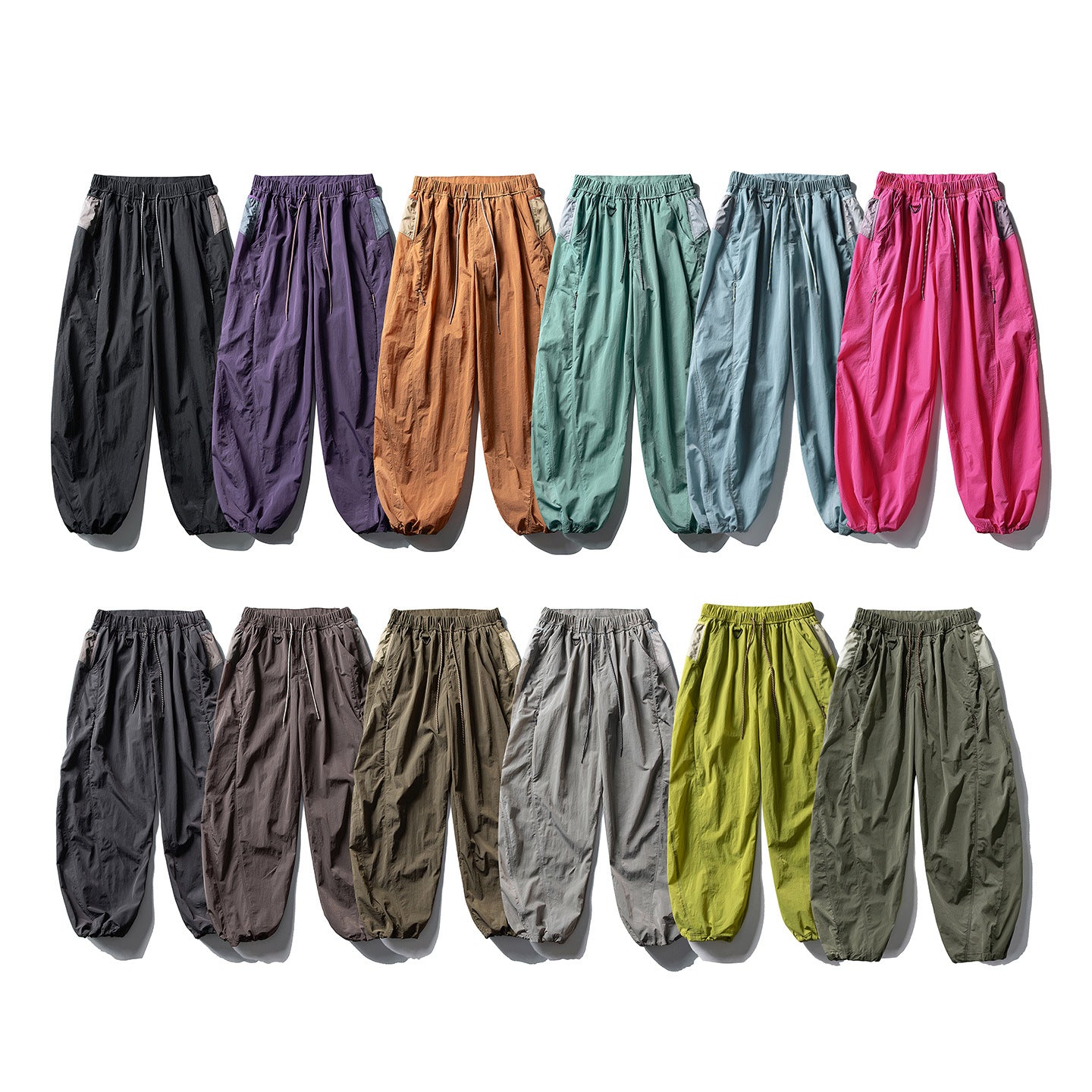 Men's Balloon Silhouette Ripstop Casual Pants with Elastic Drawstring Waistband, Zip Pockets and D-Ring Chichicherry
