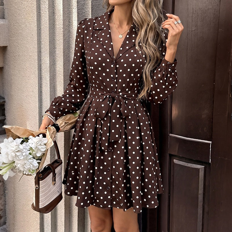 Women's Polka Dot Shirt Dress with Waist Belt and Swinging A-Line Chichicherry