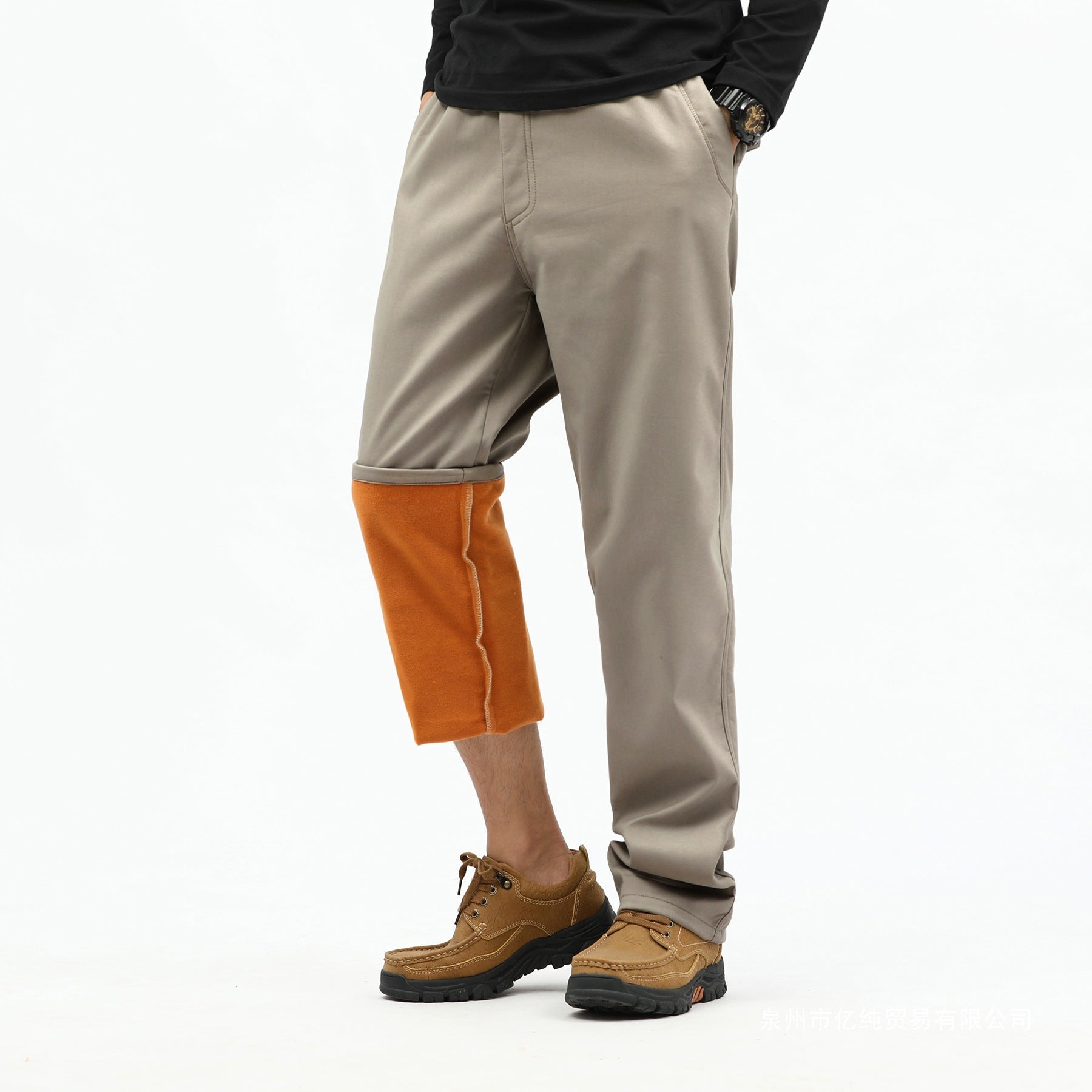 Men's Contrast-Lined Chino Jogger with Turned-Up Fleece Lining and Elastic Waistband Chichicherry