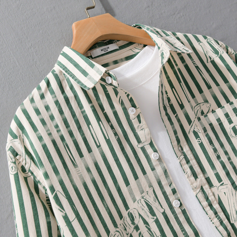 Men's Lightweight Shirt in Striped Lettering Mix with Chest Pocket and Loose Fit Chichicherry