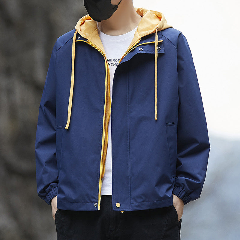 Men's Lightweight Hooded Rain Jacket in Bomber Style with Concealed Zipper and Elastic Cuffs Chichicherry