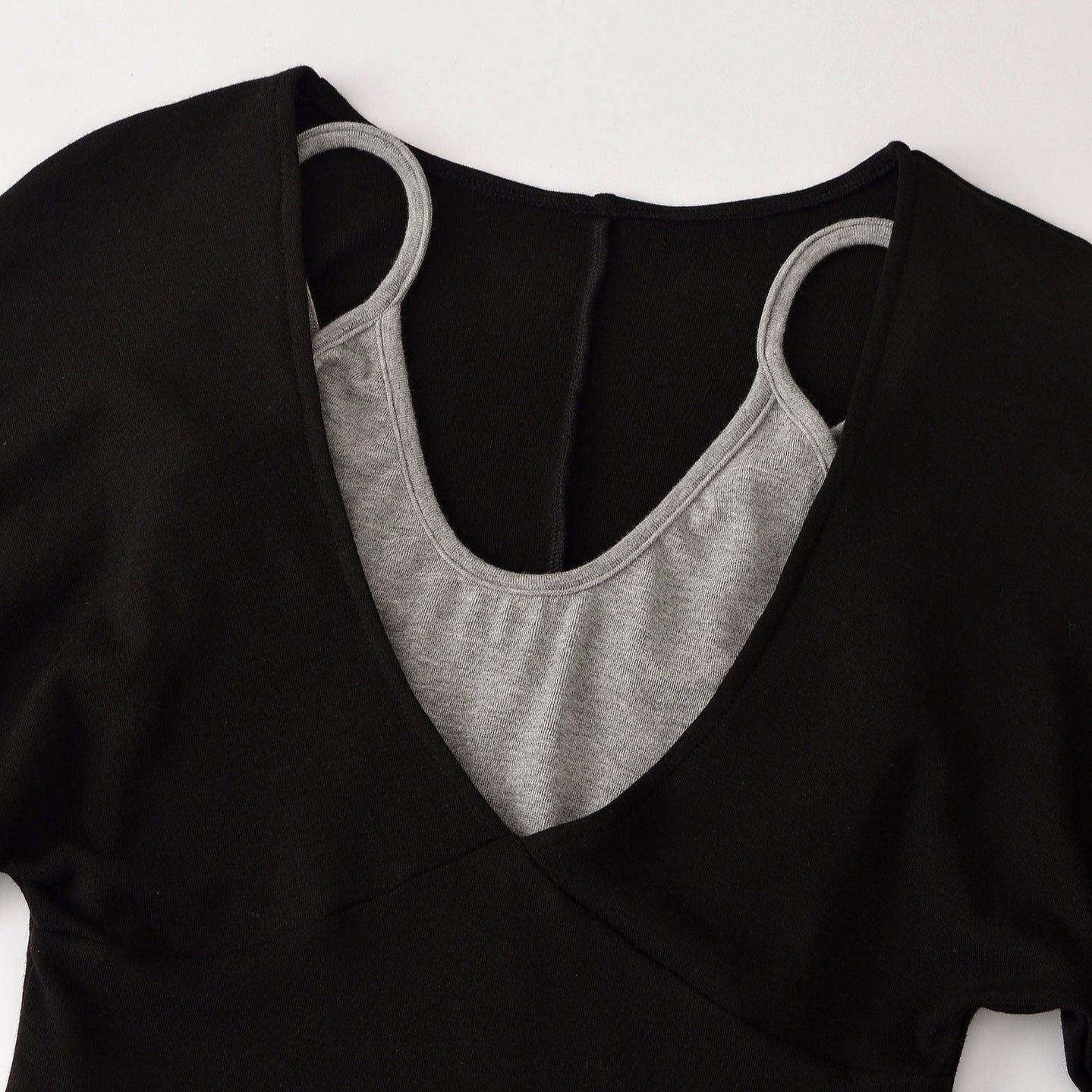 Women's Layered Look Long Sleeve Shirt with Deep V-Neck and Integrated Camisole Chichicherry