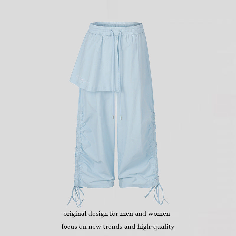Women Wide Capri Pants with Drawstring, Side Gather and Asymmetrical Overlay Chichicherry