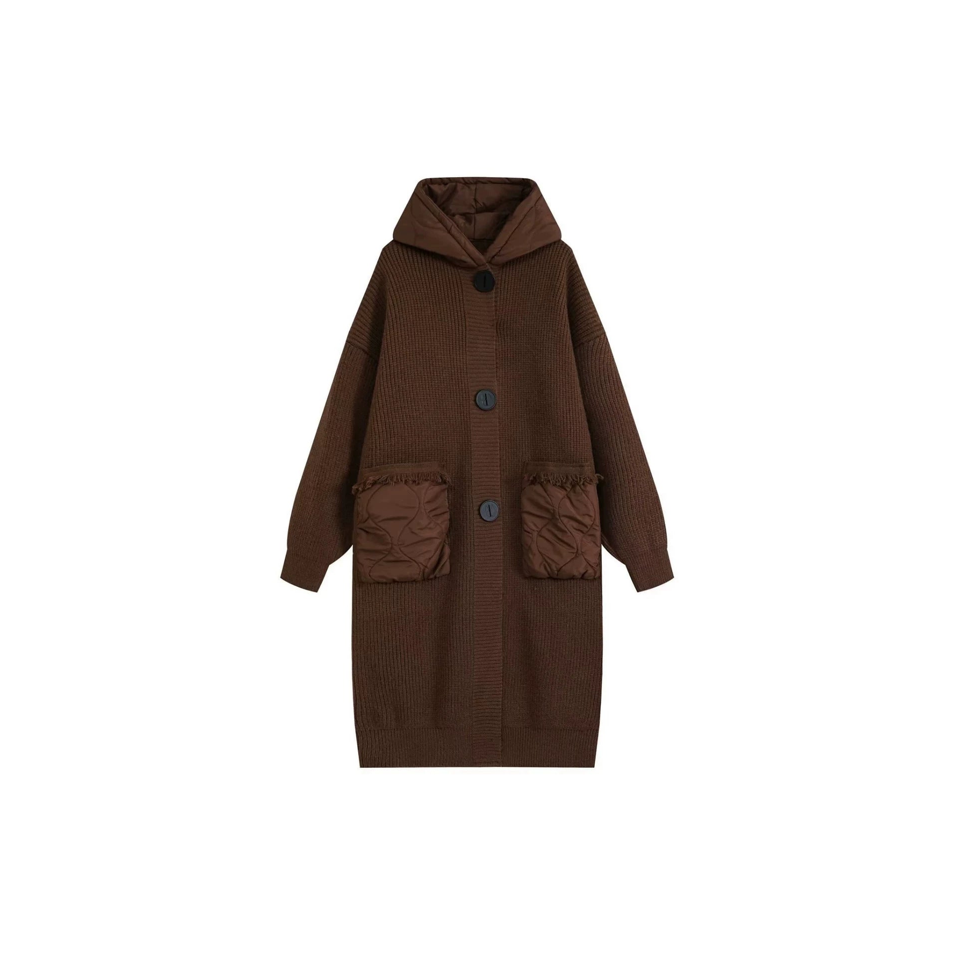 Women Long Oversized Knit Coat with Quilted Hood and Patch Quilted Pockets Chichicherry
