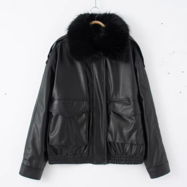 Ladies Oversized Faux Leather Bomber Jacket with Cozy Faux Fur Collar and Applied Flap Pockets Chichicherry