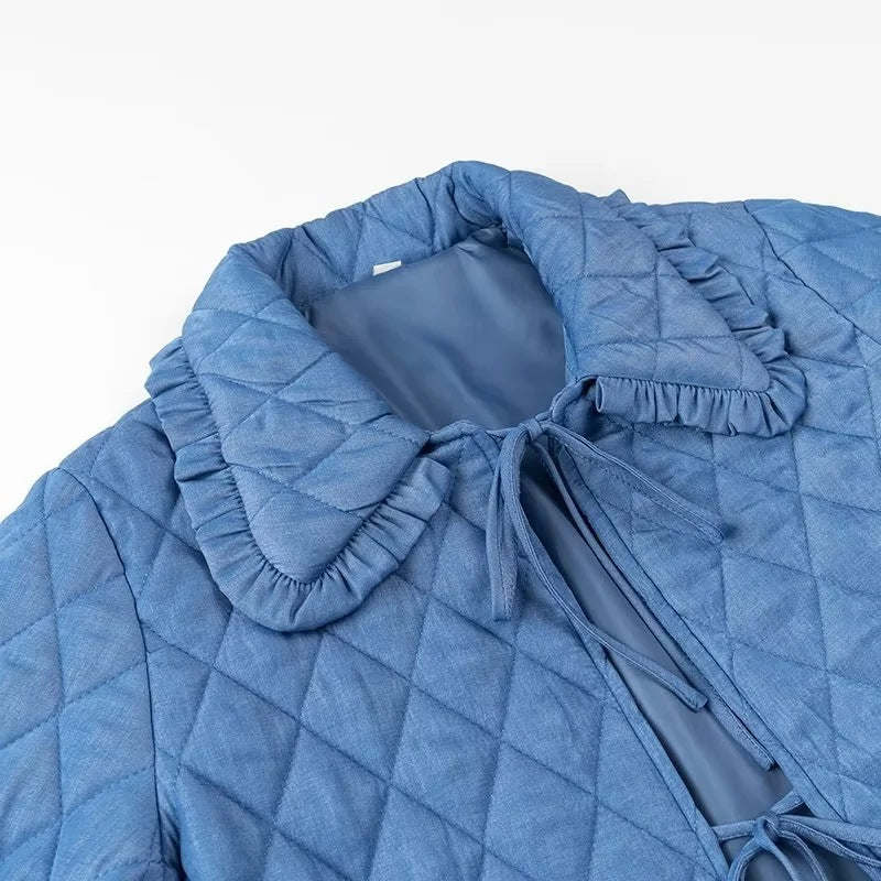 Women's quilted jacket in vintage look with ruffled collar and ties Chichicherry