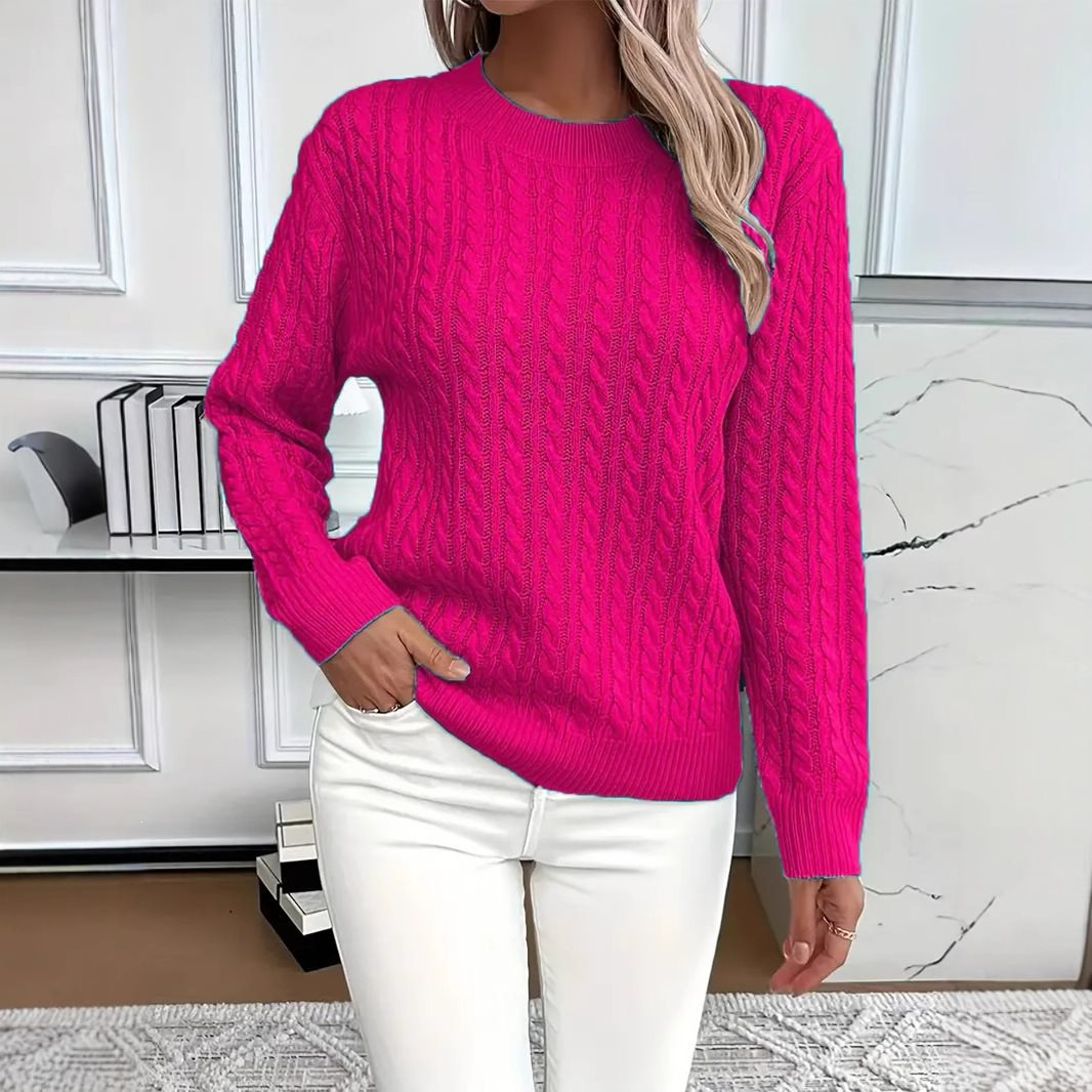 Women fine knit sweater with cable pattern and round neckline Chichicherry