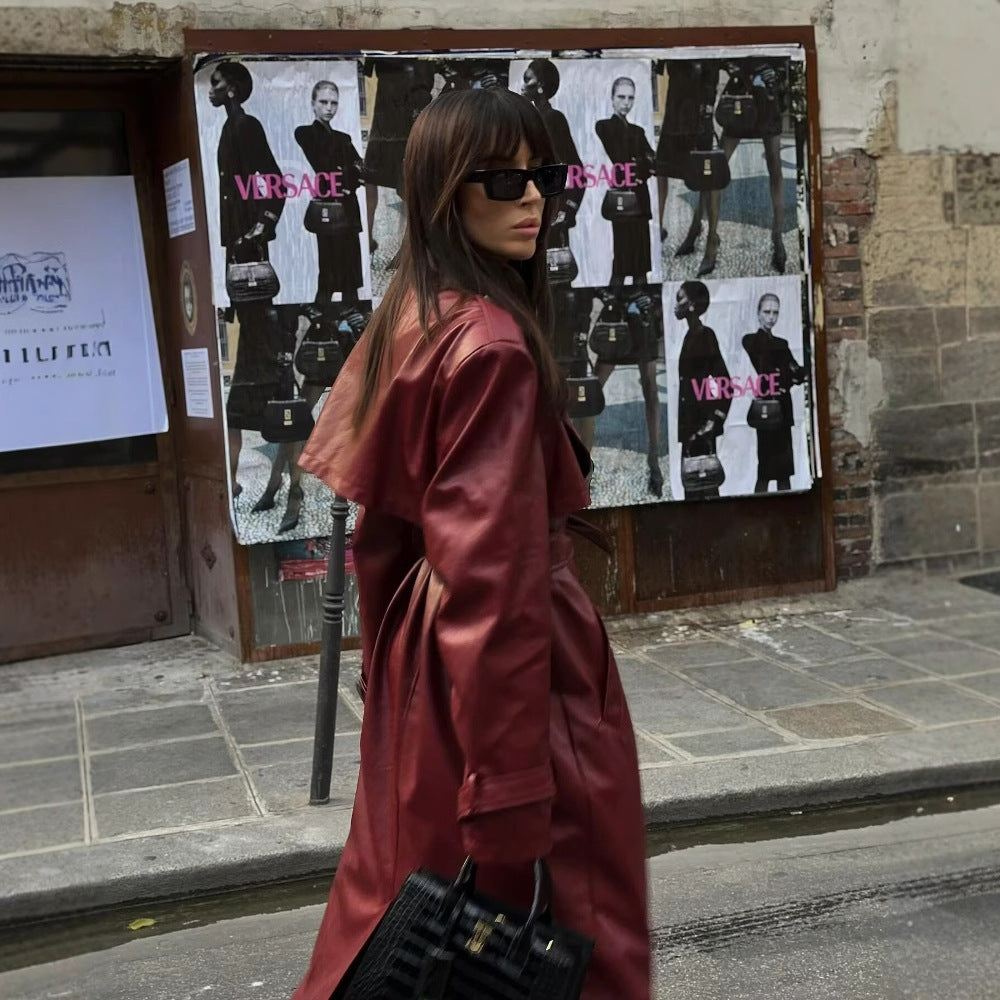 Women's Long Faux Leather Trench Coat with Waist Belt, Wide Lapels and Water-Resistant Surface Chichicherry