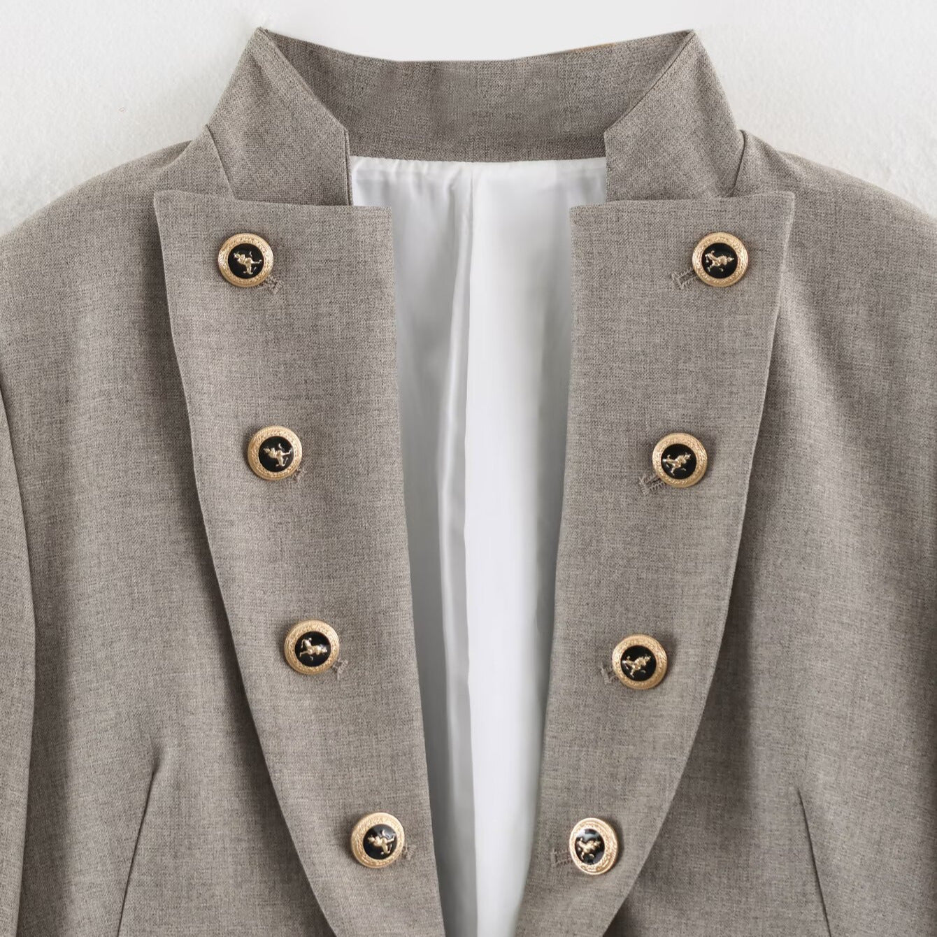 Women Cropped Military Blazer with Stand Collar, Double-Breasted Decorative Button Placket and Tailored Fit Chichicherry