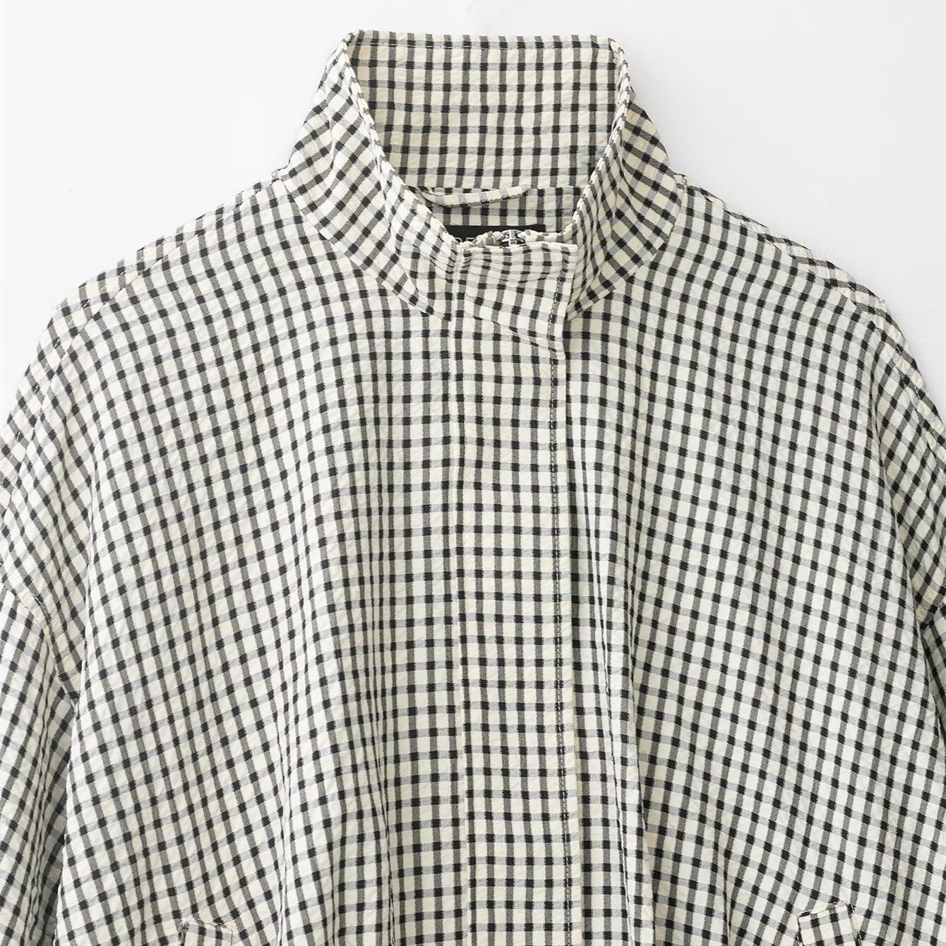 Women Checked Cropped Boxy Blouson with Stand Collar and Side Pockets Chichicherry