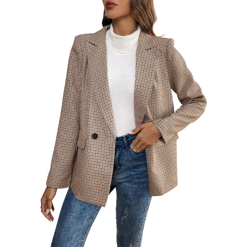 Women's Oversized Houndstooth Blazer with Lapel Collar and Flap Pockets Chichicherry