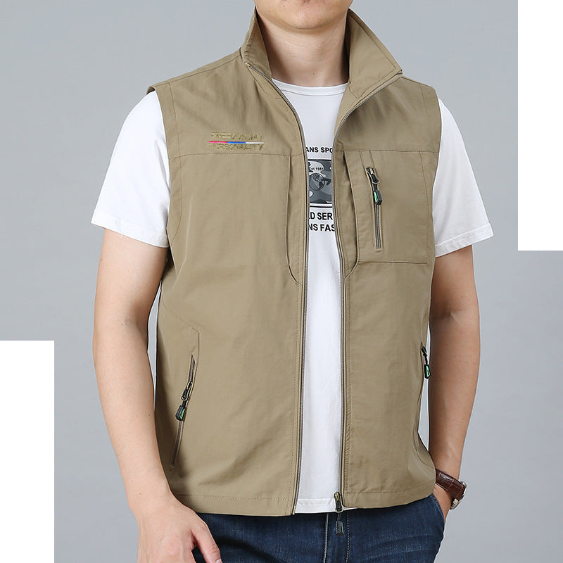 Men's Lightweight Multifunctional Outdoor Vest with Zipper Pockets and Stand Collar Chichicherry