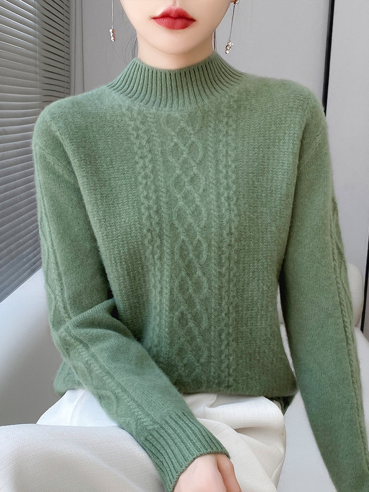 Women's Soft Cable Knit Mock Neck Sweater with Light Mohair Effect Chichicherry