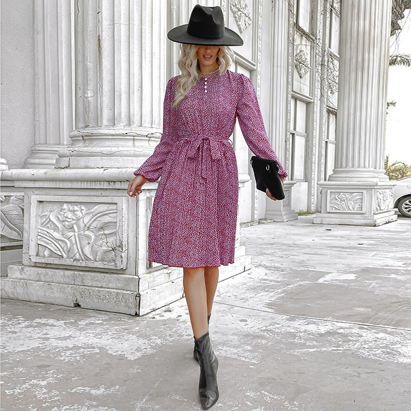 Women's midi dress with stand-up collar, waist belt, and long sleeves Chichicherry