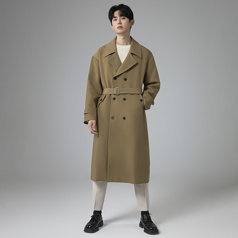 Men's Maxi-Length Trench Coat with Shaping Belt and Minimalist Silhouette Chichicherry