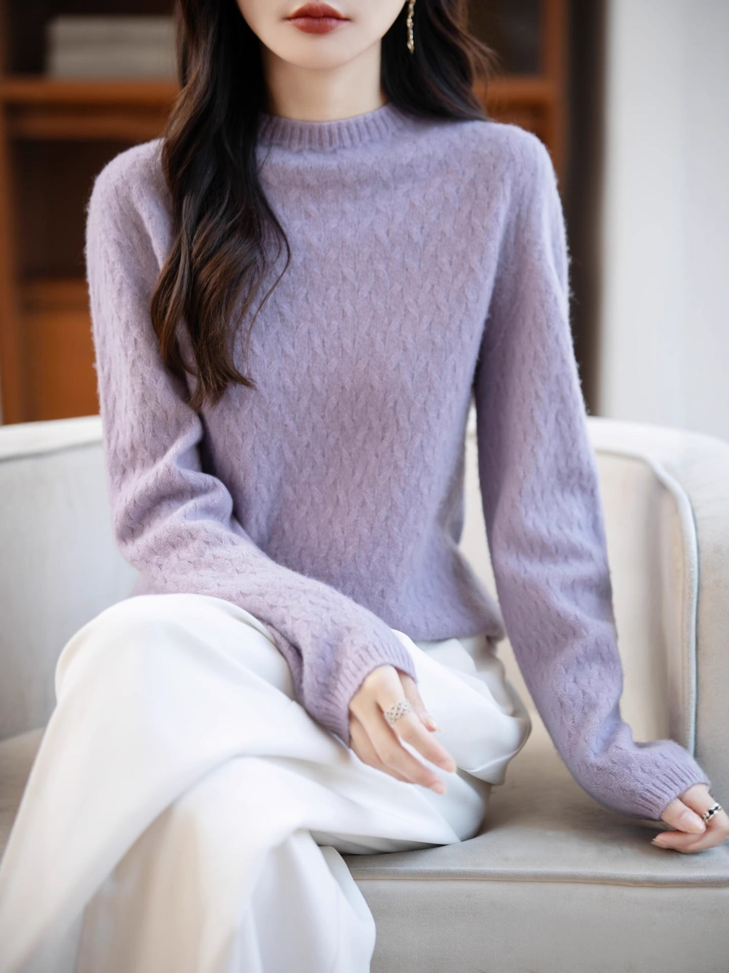 Women's Soft Fine Knit Sweater with Short Mock Neck, Light Mohair Look and Relaxed Silhouette Chichicherry