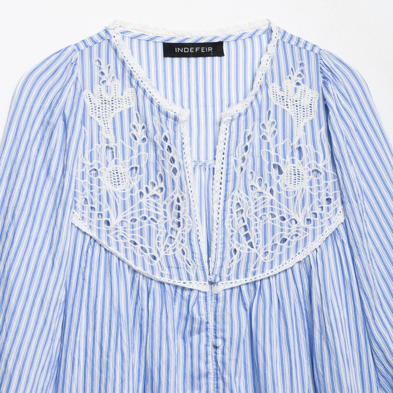 Ladies Striped Blouse with Crochet Lace, Balloon Sleeves and Button Placket Chichicherry