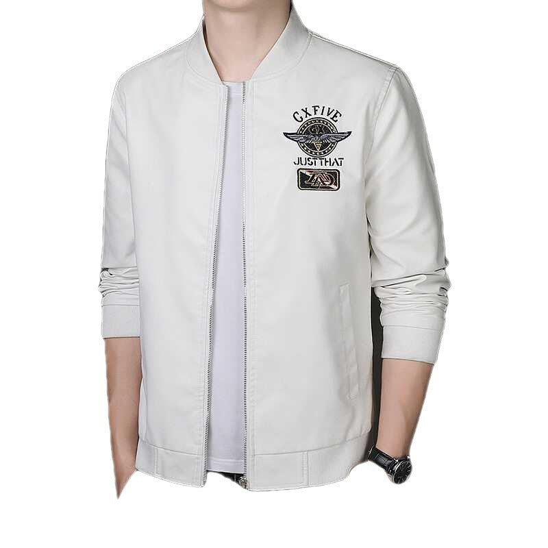 Men's Lightweight Bomber Jacket with Embroidered Patches, Short Stand-Up Collar and Zipper Chichicherry