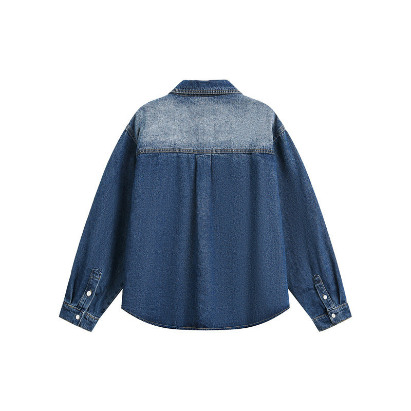 Unisex Oversized Denim Shirt Jacket in Vintage Wash with Patch Chest Pockets Chichicherry