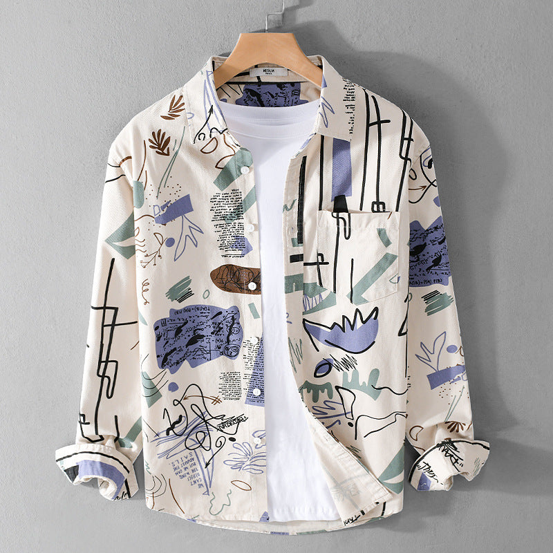 Men's Loose Shirt Jacket Overshirt with Abstract Sketch Print, Chest Pocket, and Soft Cotton Feel Chichicherry