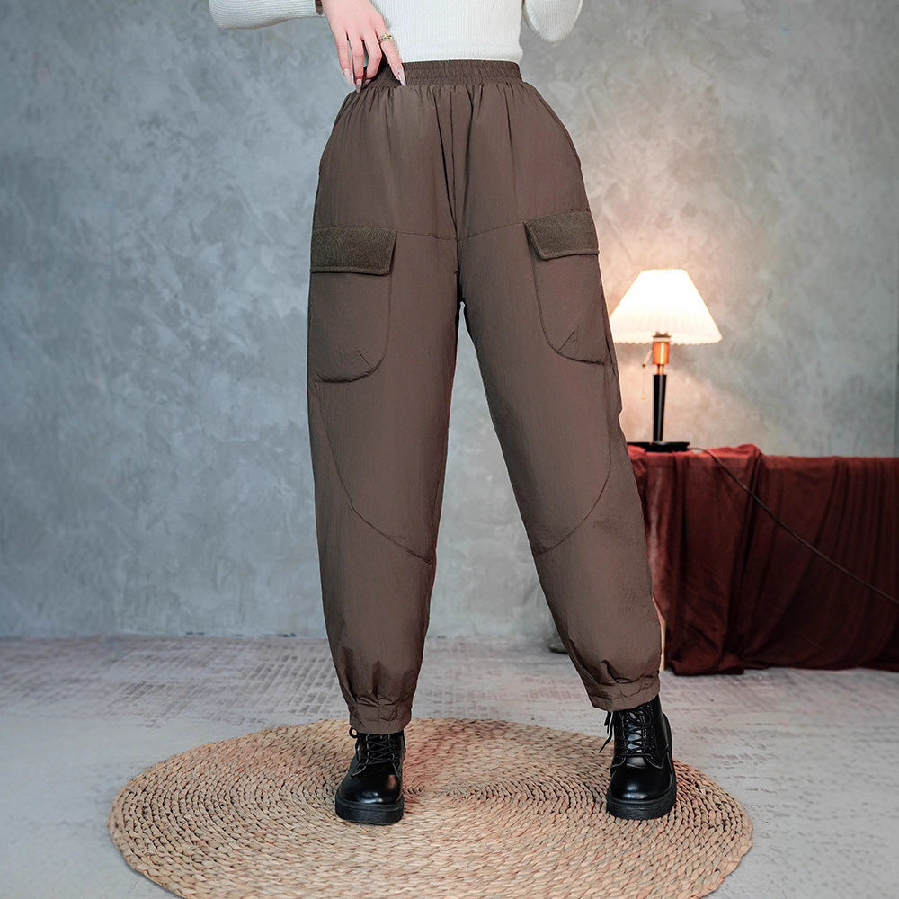 Women's Quilted Thermal Cargo Pants with Elastic Waistband and Cuff Chichicherry