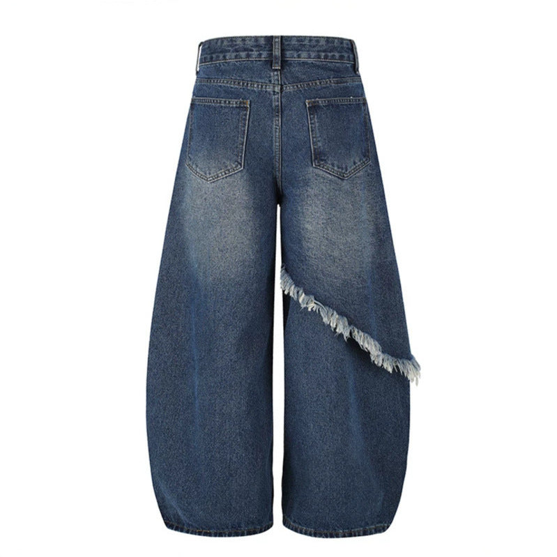 Women's high-waist wide palazzo jeans with asymmetric fringe detail and rhinestone application Chichicherry