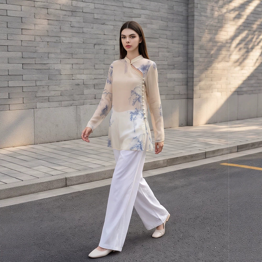 Women's Transparent Chiffon Blouse with Mandarin Collar, Asymmetrical Button Placket & Floral Print Chichicherry