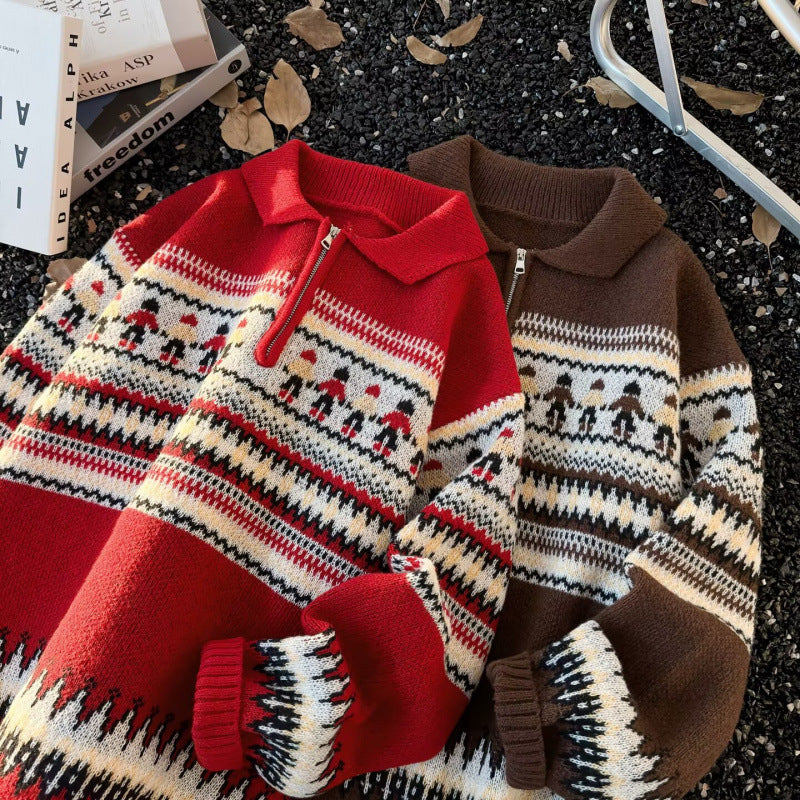 Damen Jacquard-Halbzip-Pullover mit Polokragen und Norweger‑Intarsie Chichicherry