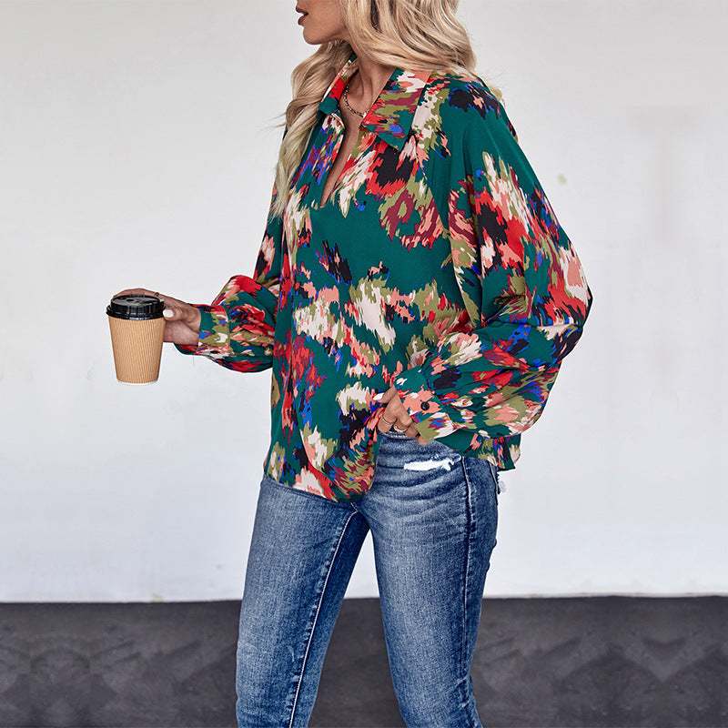 Women’s Loose Blouse Shirt with Shirt Collar, Abstract Print and Balloon Sleeves Chichicherry