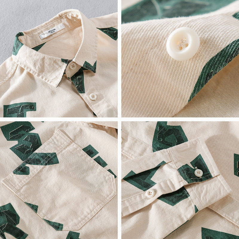 Men's Loose Cotton Shirt with Large Letter Print and Chest Pocket Chichicherry