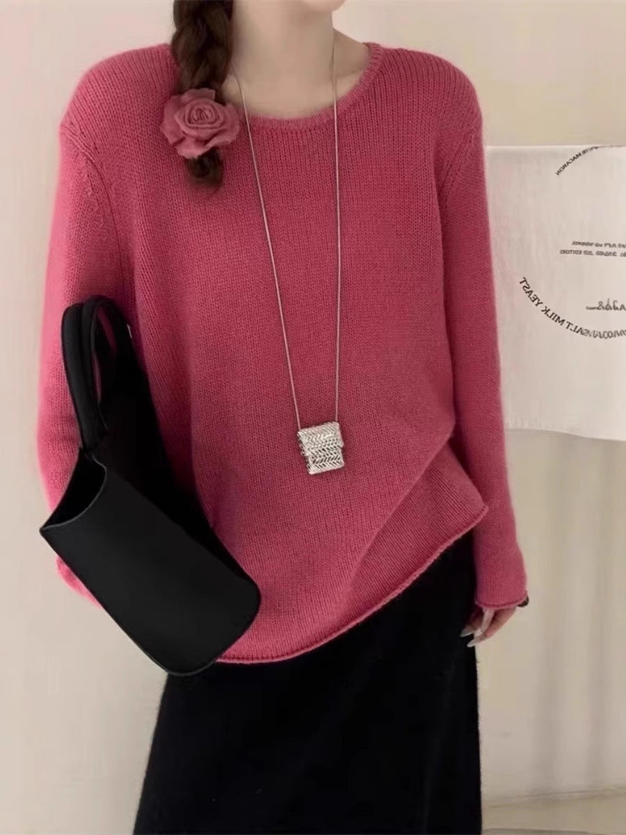 Women Light Oversized Fine Knit Sweater with Round Neck, Subtle Sheer Effect and Rounded Hem Chichicherry