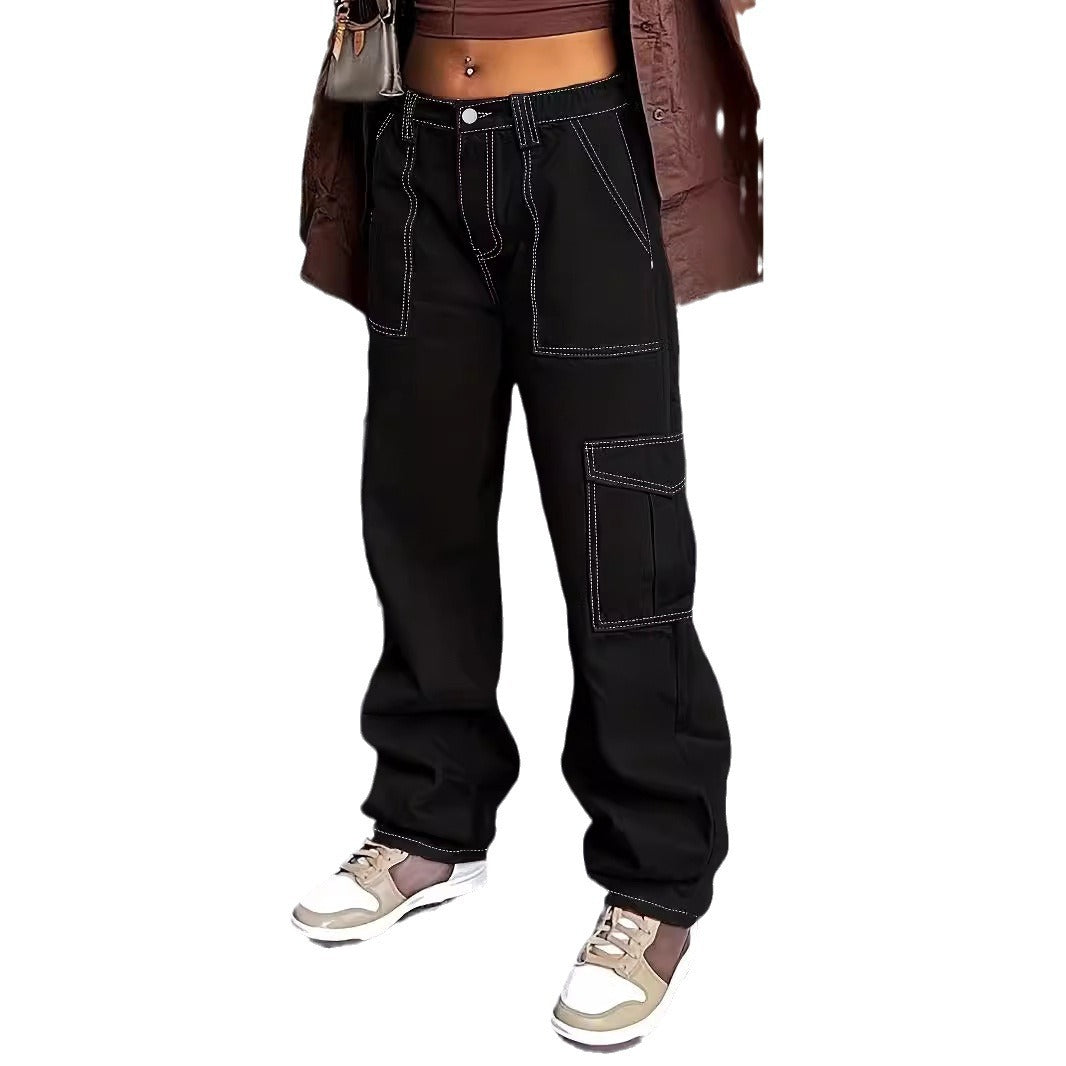 Women's utility cargo pants with wide leg, high waist and contrasting decorative seams Chichicherry