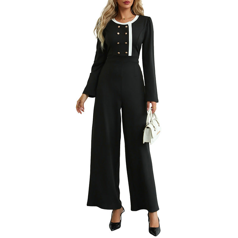 Women's Elegant Long Sleeve Jumpsuit with High Waist, Wide Leg and Decorative Button Placket