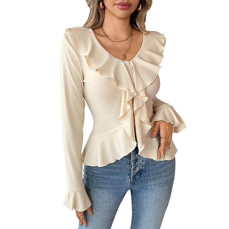 Women Tailored Ruffle Blouse with V-Neck and Ruffle Trim Chichicherry