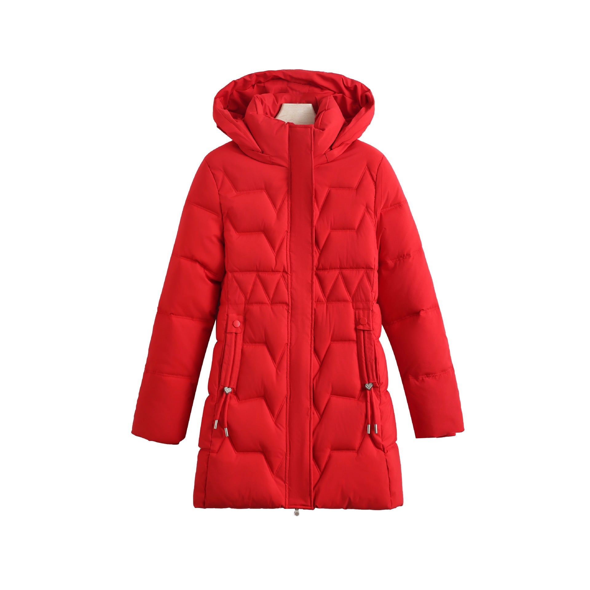 Women's mid-length padded coat with hood, fitted drawstring and geometric decorative stitching Chichicherry