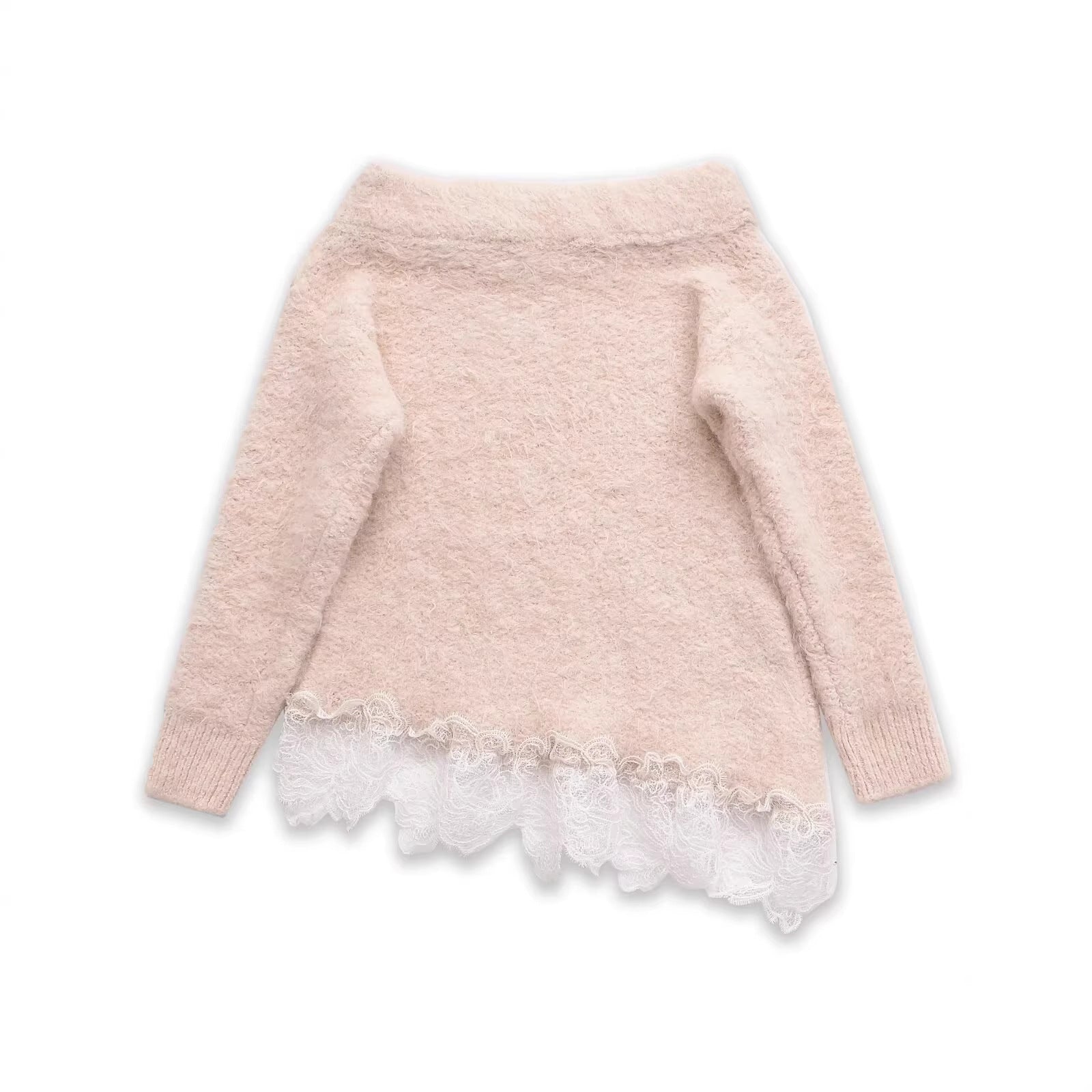 Women's Fuzzy Knit Sweater with Off-the-Shoulder Neckline and Lace Trim Chichicherry