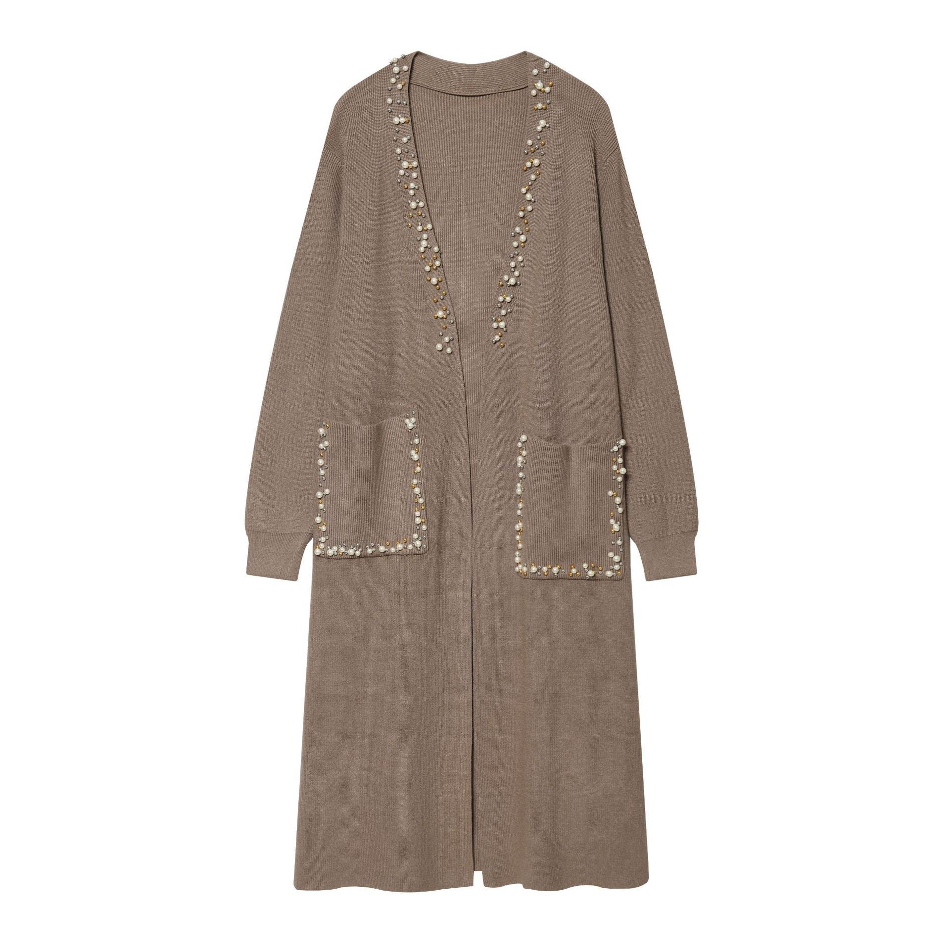Women's long knitted cardigan with pearl trim and patch pockets Chichicherry